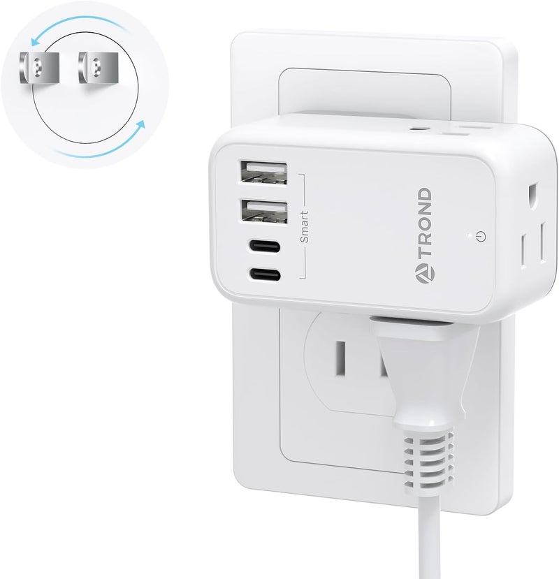 TROND 3 to 2 Prong Adapter with 360° Rotating Plug, 2 Prong Outlet Extender with 3 AC and 4 USB Ports, US to Japan Plug Adapter, Wall Outlet Splitter for Travel, Home, Cruise Essentials - Image 1